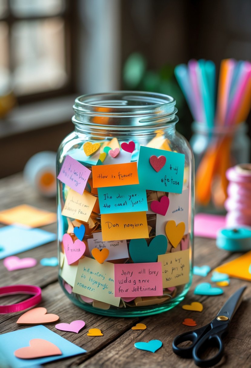 A jar filled with colorful handwritten notes and paper decorations on a wooden table surrounded by crafting materials.