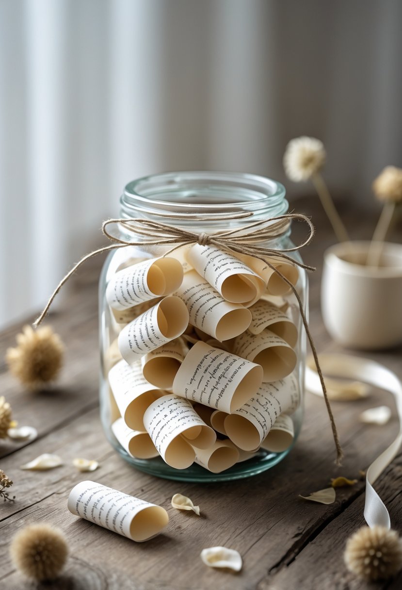 A clear glass jar filled with rolled handwritten poems on a wooden table, surrounded by dried flowers and a ribbon.