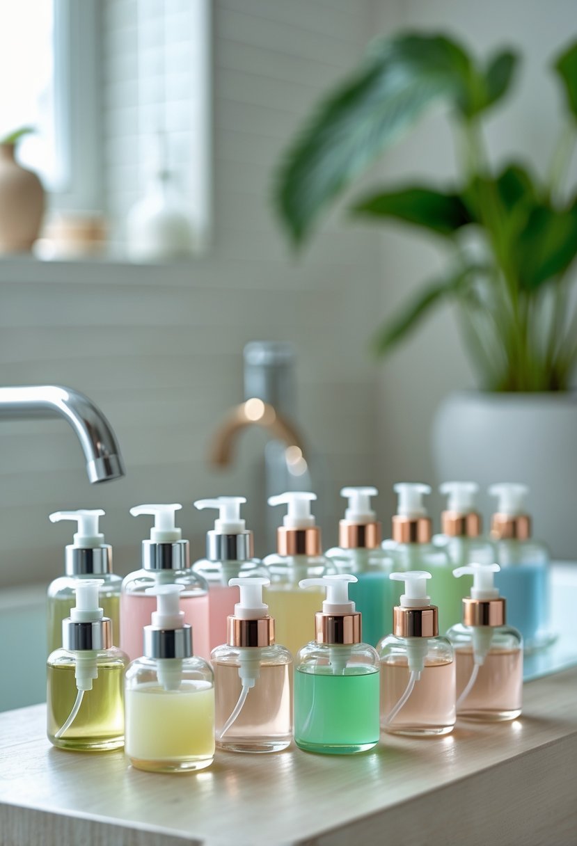 A collection of 16 tiny mini jar soap dispensers filled with pastel-colored soaps arranged on a wooden surface with a blurred bathroom background.