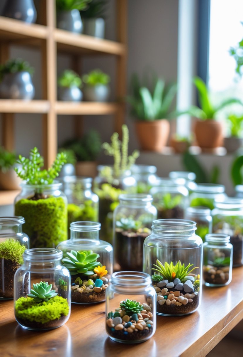 A display of multiple clear plastic jar terrariums filled with green plants, moss, and decorative stones on a wooden table indoors.