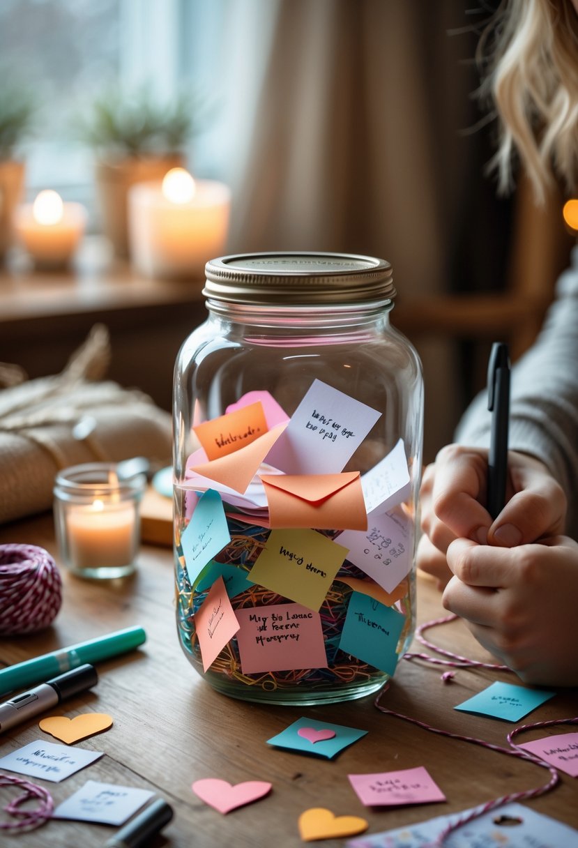 Hands writing a note next to a glass jar filled with colorful folded papers and craft supplies on a wooden table.
