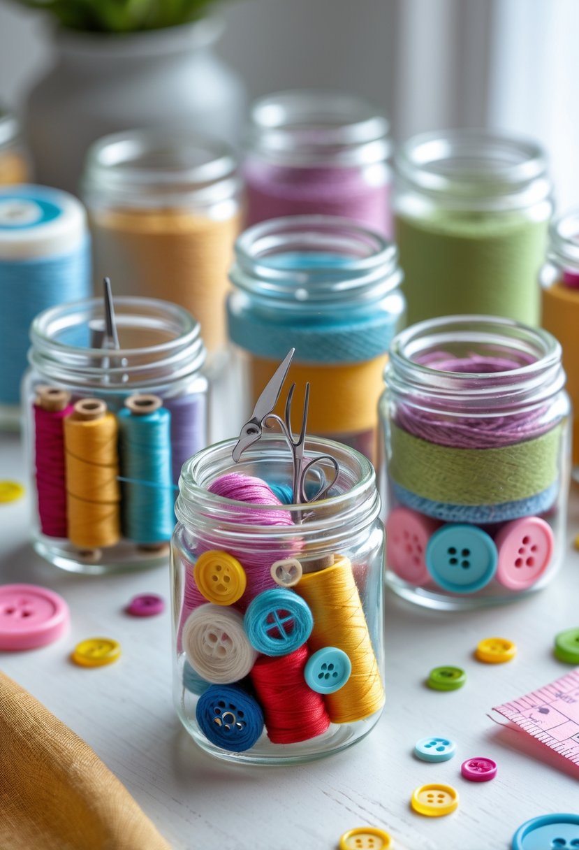 A collection of tiny glass jars filled with colorful sewing supplies arranged on a wooden surface with sewing materials around them.