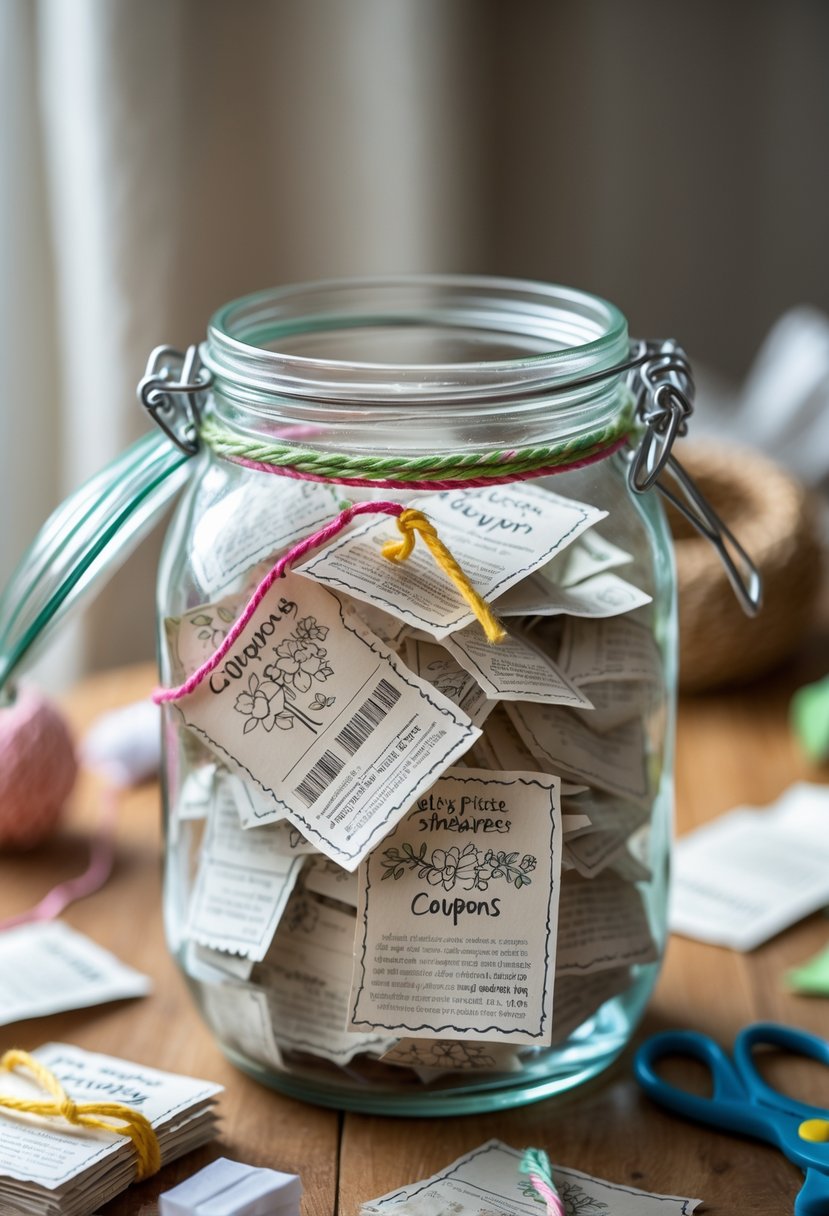 A glass jar filled with small handmade coupons on a wooden table surrounded by craft supplies.