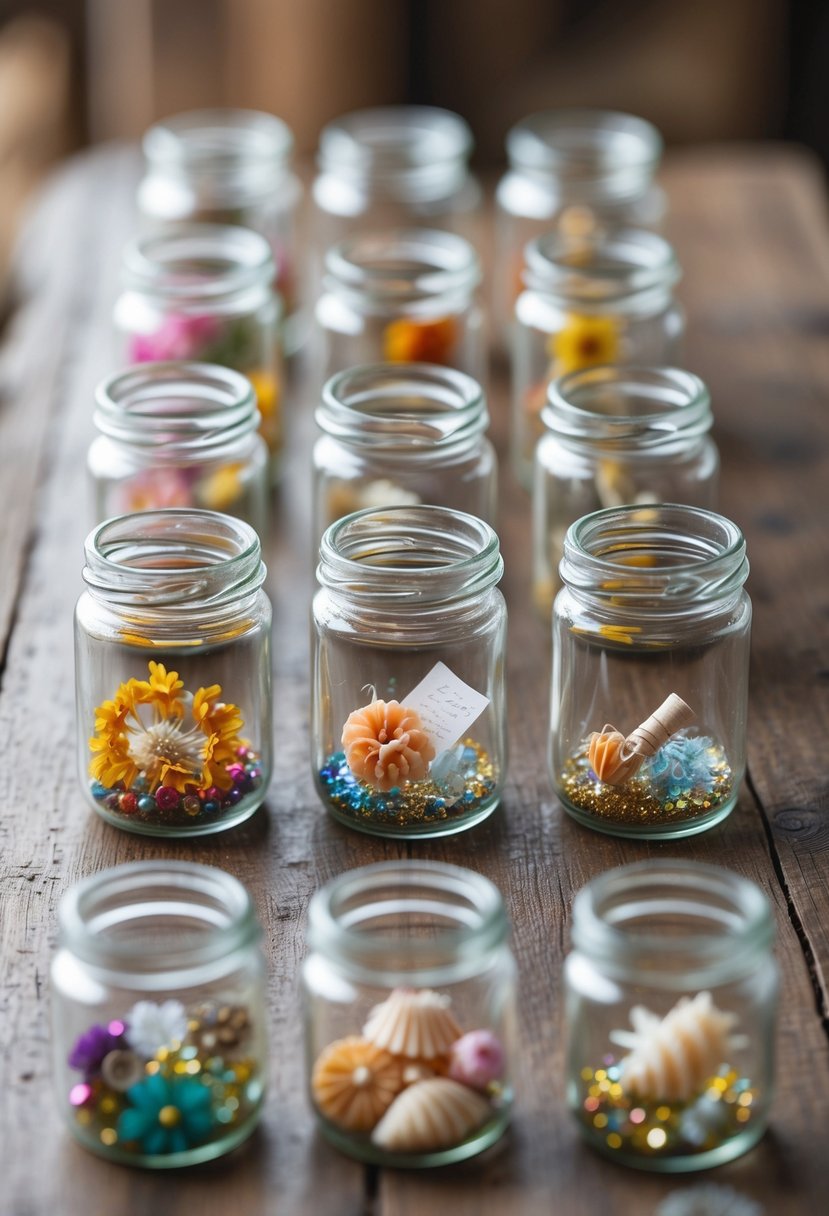 Sixteen small glass jars containing various miniature craft items arranged on a wooden surface.