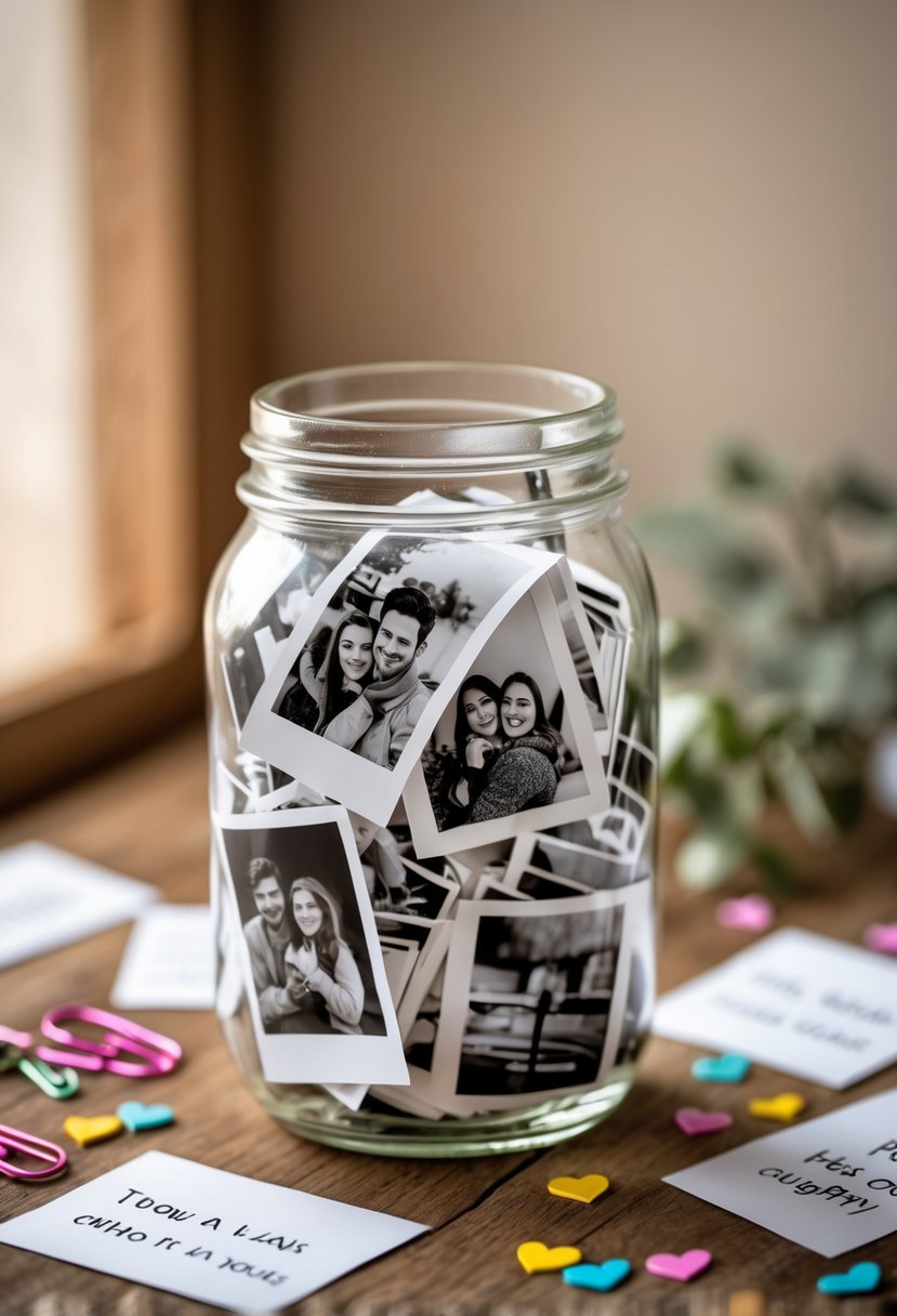 A glass jar filled with black-and-white photo strips sitting on a wooden surface surrounded by small decorative items.