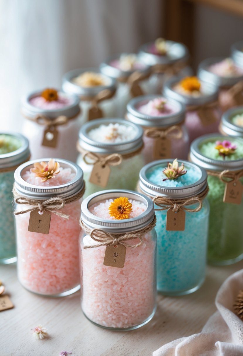 A collection of small glass jars filled with colorful bath salts, decorated with twine and dried flowers, arranged on a wooden surface.