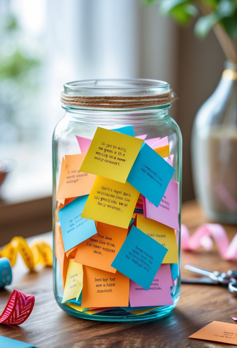 A clear glass jar filled with colorful folded notes on a wooden table surrounded by crafting supplies.