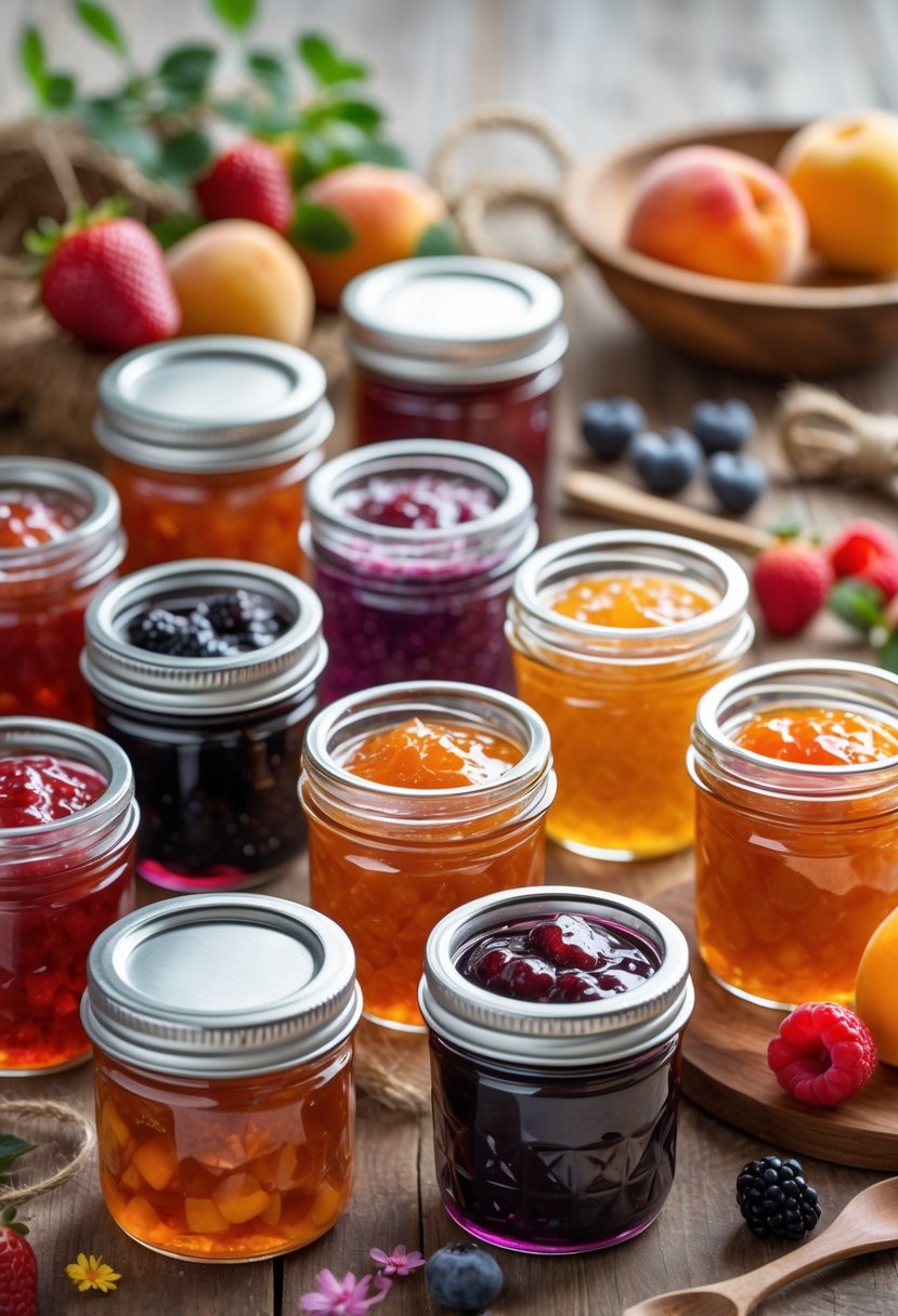 A collection of small glass jars filled with colorful homemade jams arranged on a wooden table with fresh fruits and decorative accents.