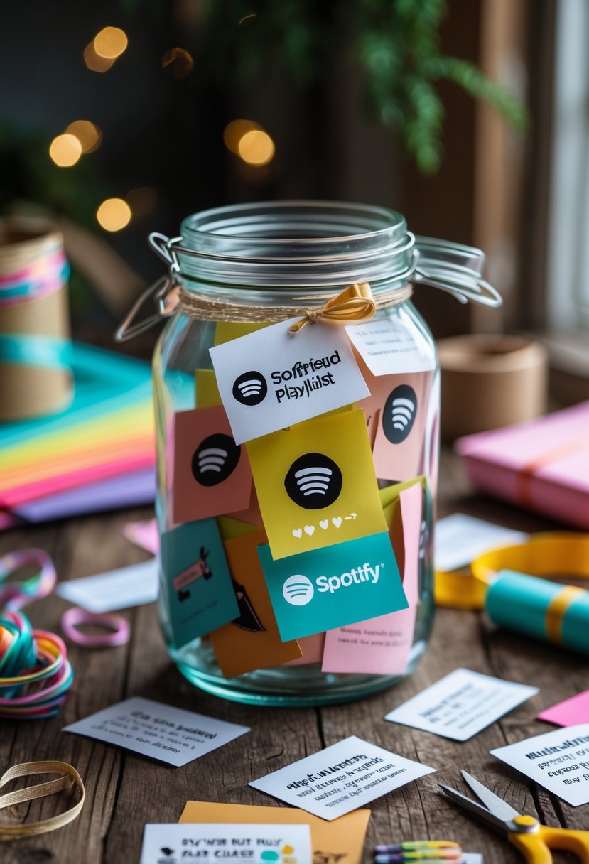 A clear glass jar filled with decorative paper slips on a wooden table surrounded by craft supplies.