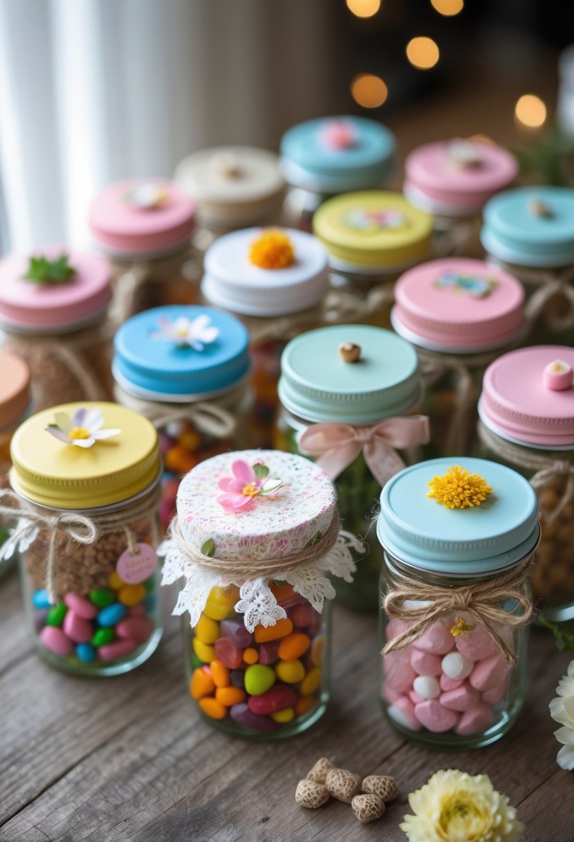 Sixteen small decorated glass jars arranged on a wooden surface, each filled with different colorful items and adorned with ribbons and twine.