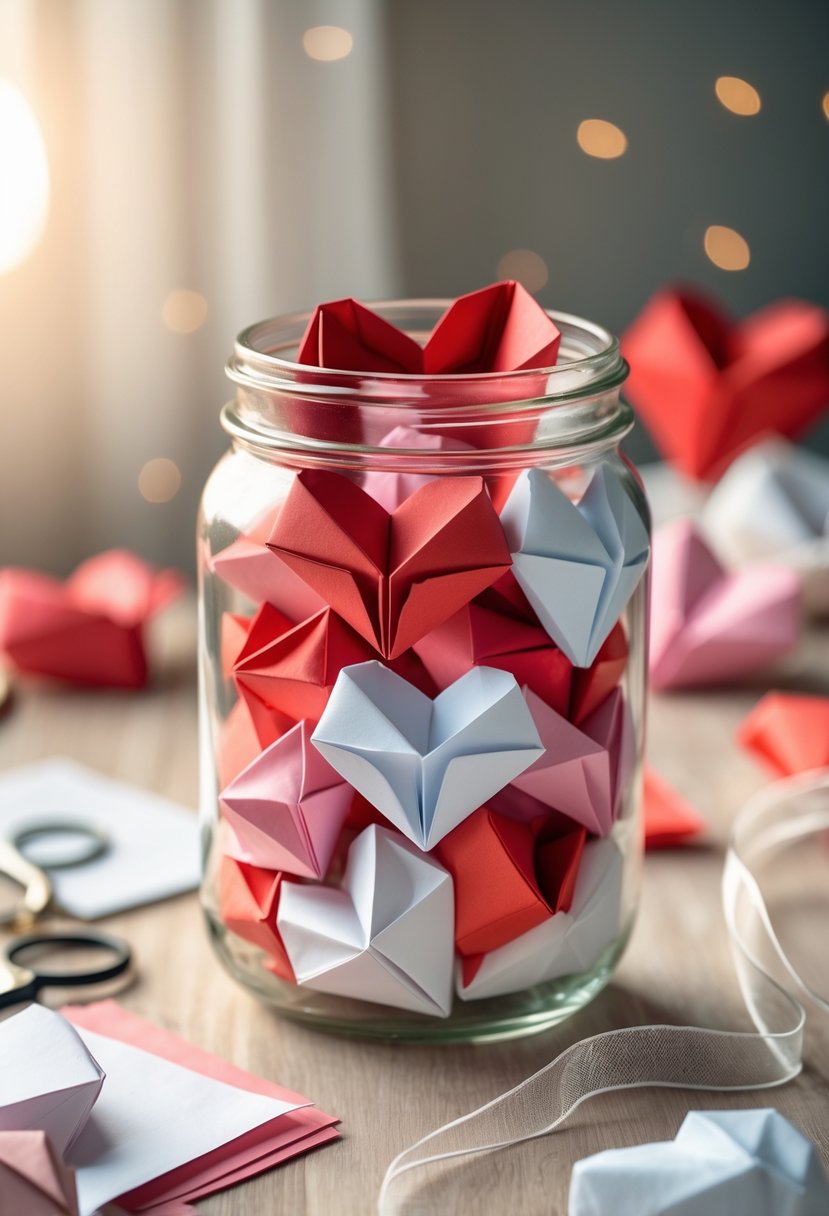 A glass jar filled with colorful origami hearts on a wooden table surrounded by crafting supplies.