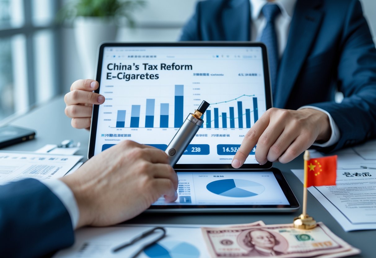 Ein moderner Büroarbeitsplatz mit einem Tablet, Finanzdiagrammen, einem E-Zigaretten-Gerät und chinesischen Geldscheinen auf dem Tisch.