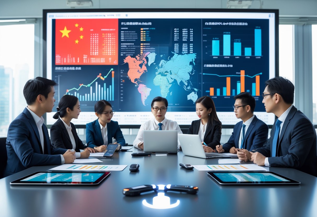 Geschäftsleute in einem modernen Büro bei einer Besprechung mit Diagrammen und E-Zigaretten auf dem Tisch.