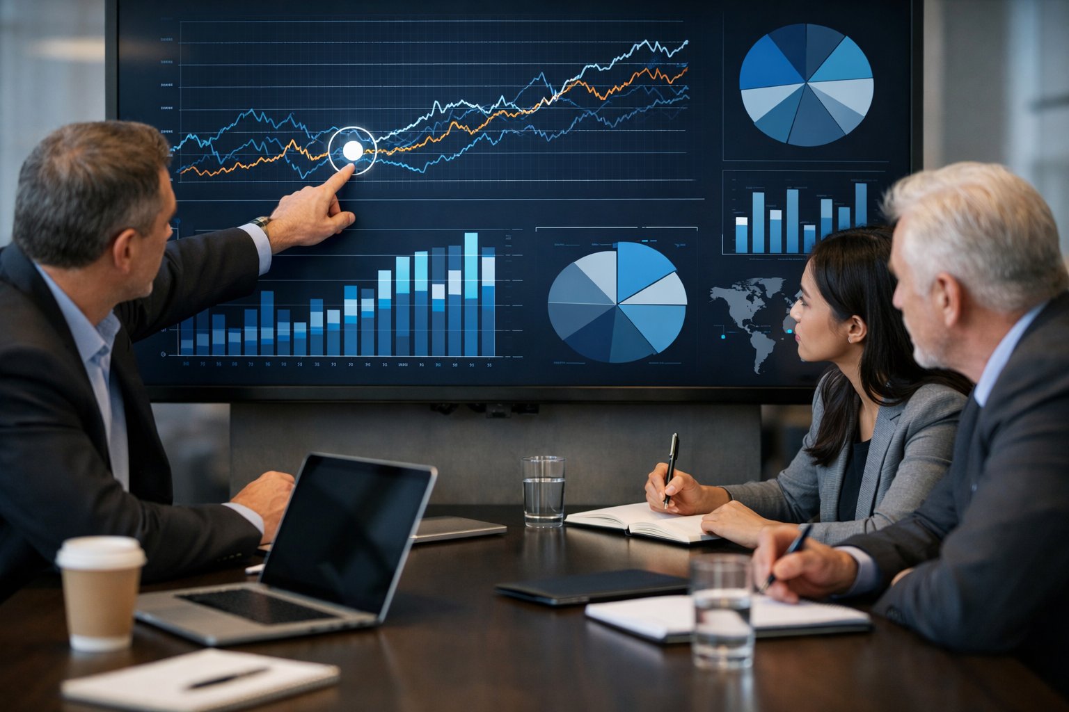 Un groupe de professionnels en réunion autour d’un écran affichant des graphiques et des données statistiques dans un bureau moderne.