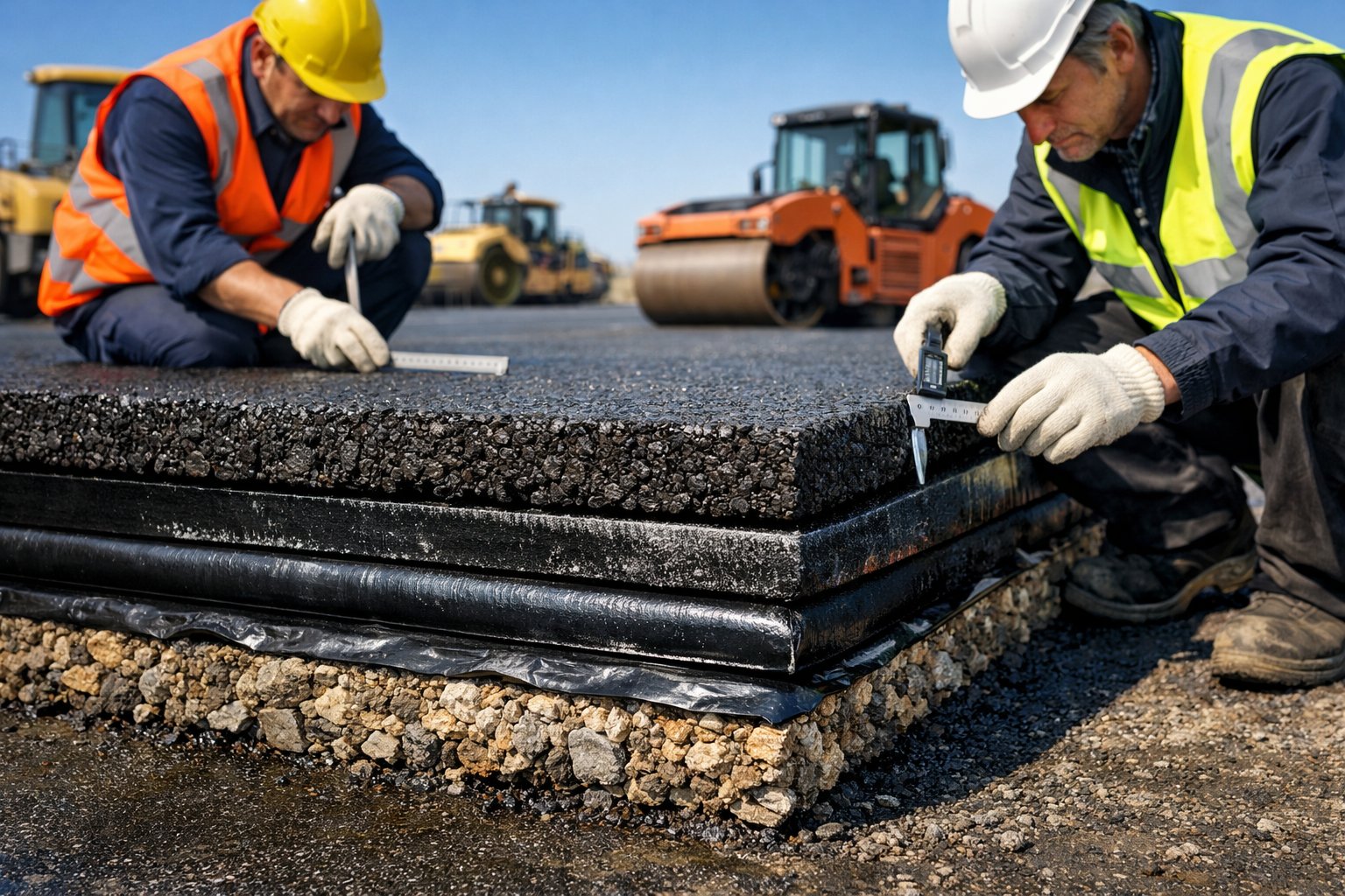 Vue rapprochée d'une route en construction montrant plusieurs couches d'asphalte avec des ouvriers en tenue de sécurité inspectant le chantier.