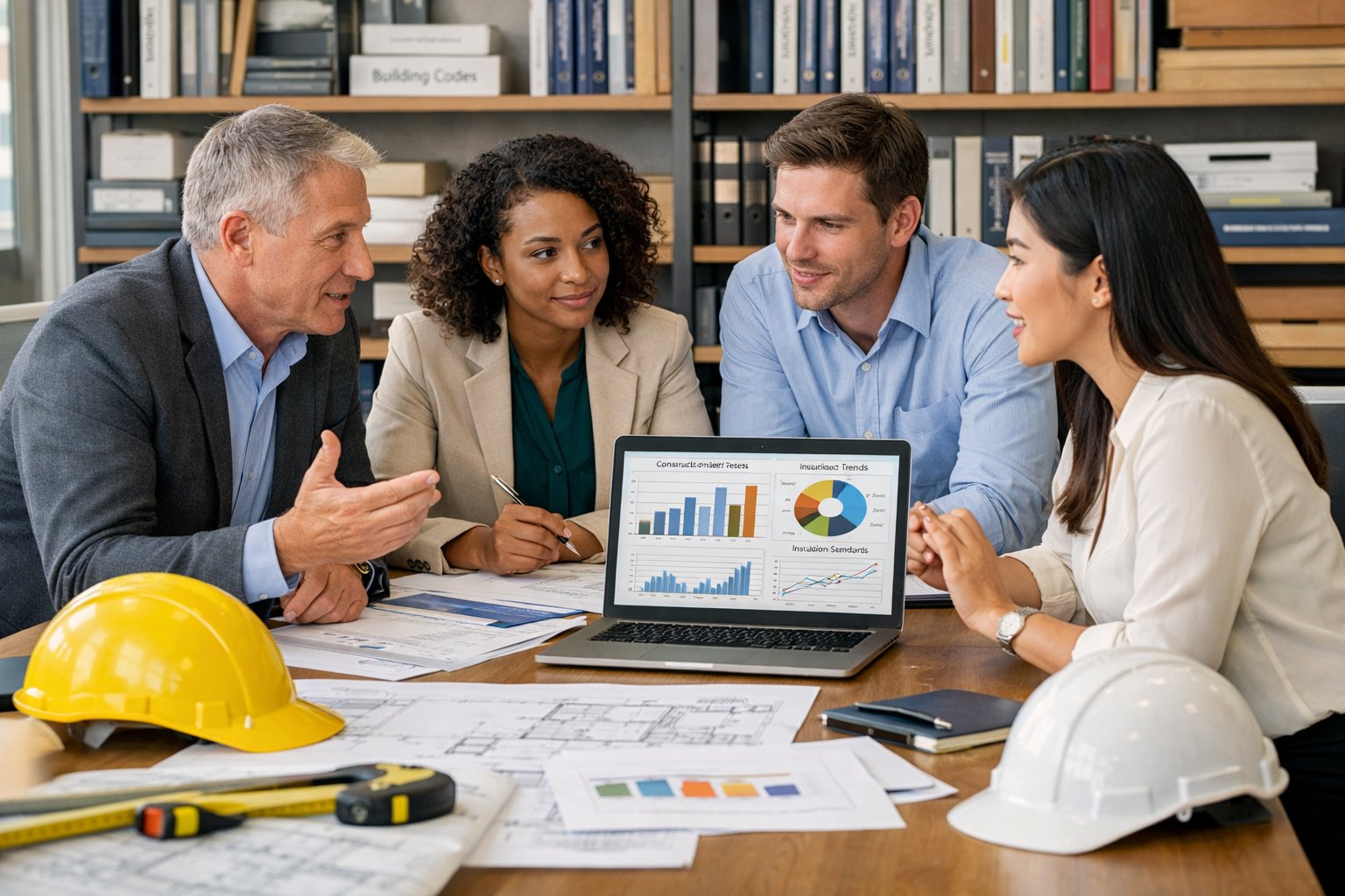 Des professionnels discutant autour d'une table avec des documents et outils liés à la construction.