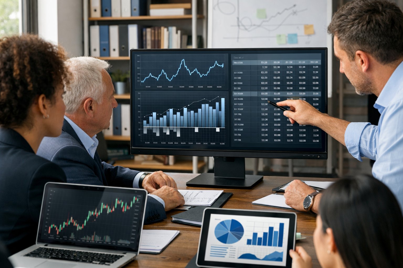 Des professionnels en réunion autour d’un bureau avec des écrans affichant des graphiques et des données économiques.