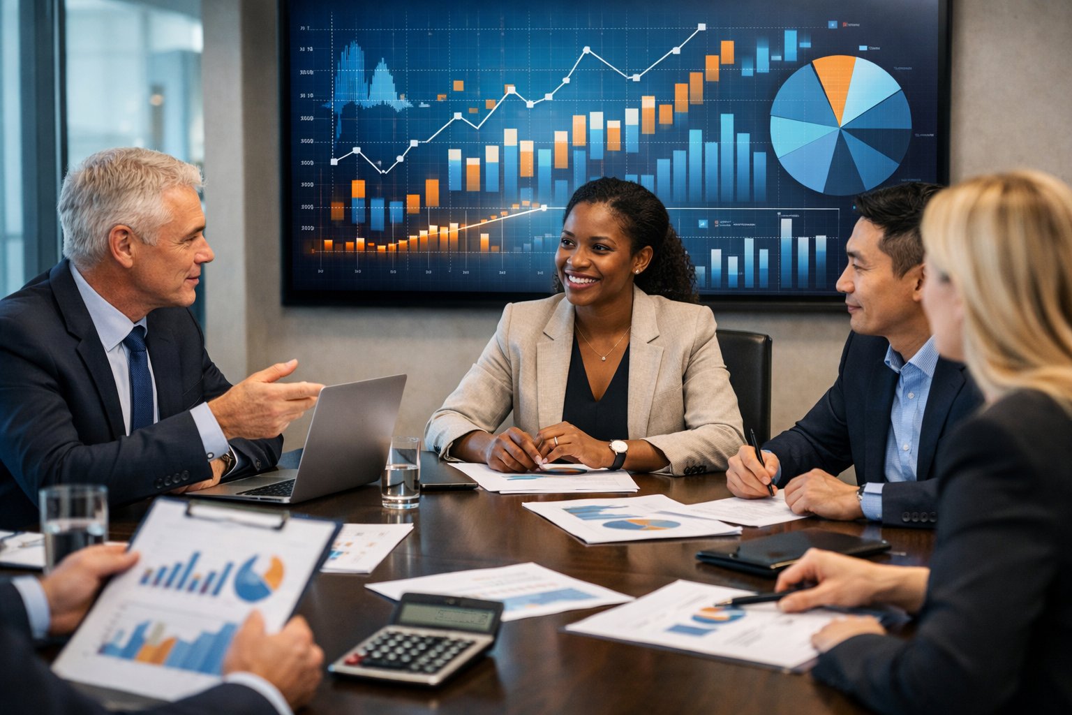 Un groupe de professionnels en réunion dans un bureau moderne, analysant des documents et des graphiques financiers sur un écran numérique.