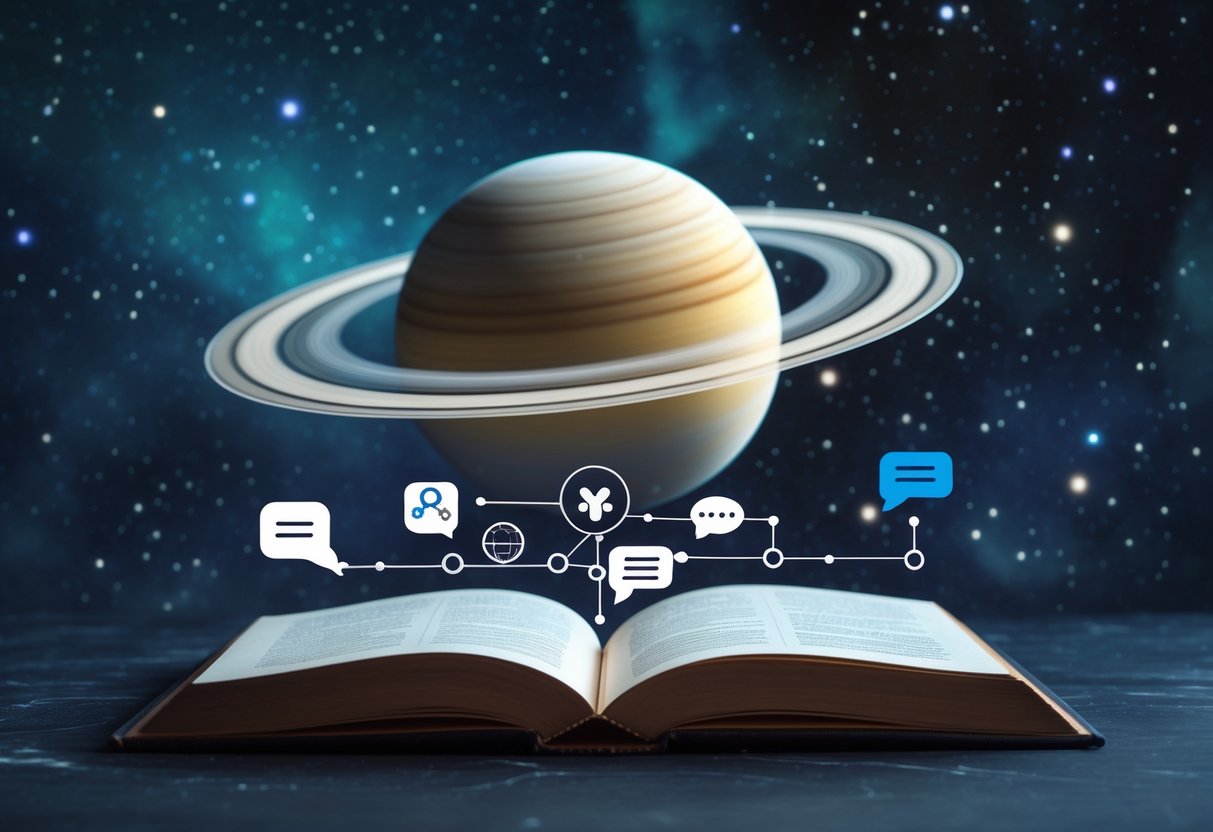 A detailed image of the planet Saturn with its rings against a starry background, alongside symbols representing communication and learning, such as an open book and speech bubbles.