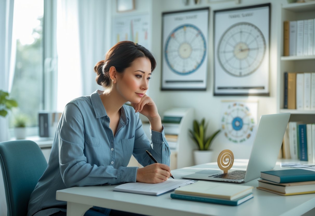 A person sitting at a desk in a bright home office, focused on writing notes with books and astrological charts in the background.