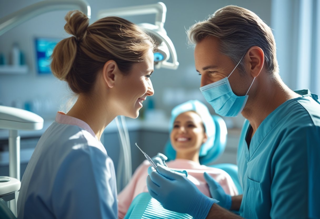 A dentist consulting with a patient in a modern dental clinic during a dental implant procedure.