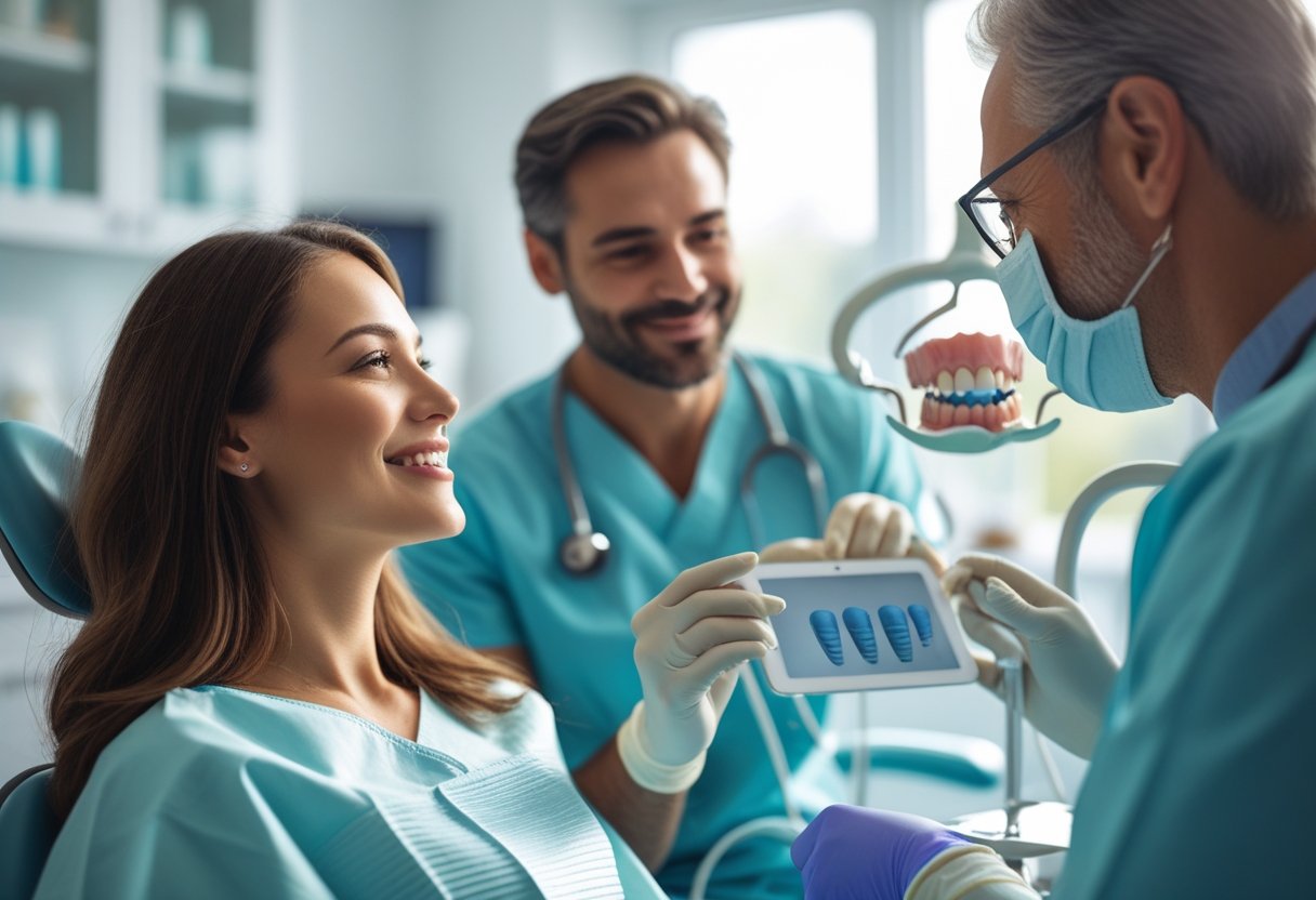 A dentist and patient in a modern dental clinic discussing dental implants during a natural interaction.