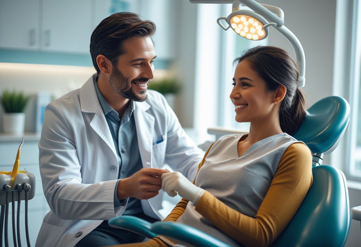A dentist and patient sharing a warm, friendly moment in a modern dental clinic.