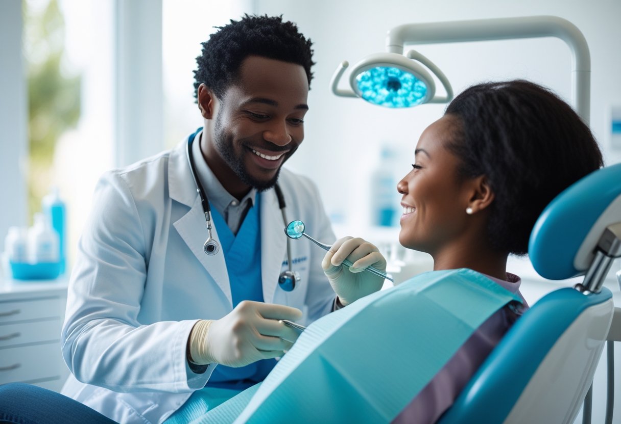 A dental professional smiling warmly at a patient in a modern dental clinic.