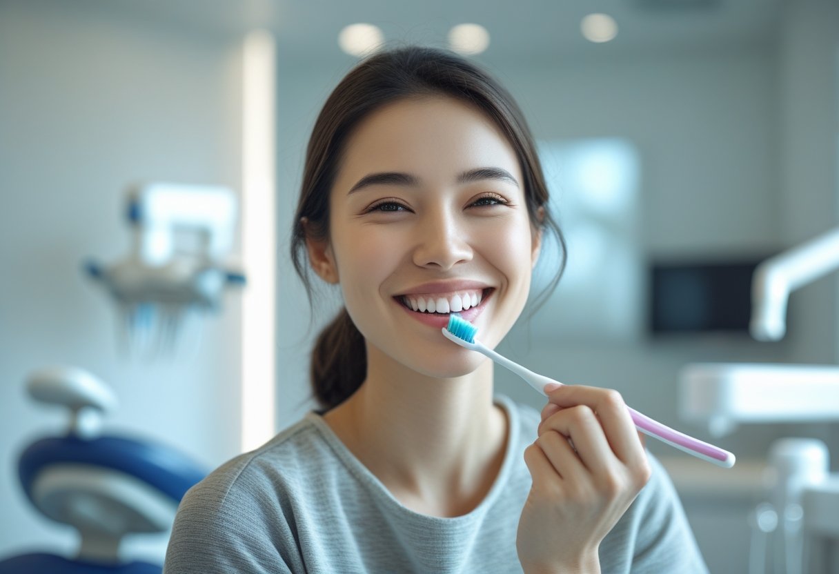 A person brushing their teeth inside a modern dental clinic, smiling warmly.
