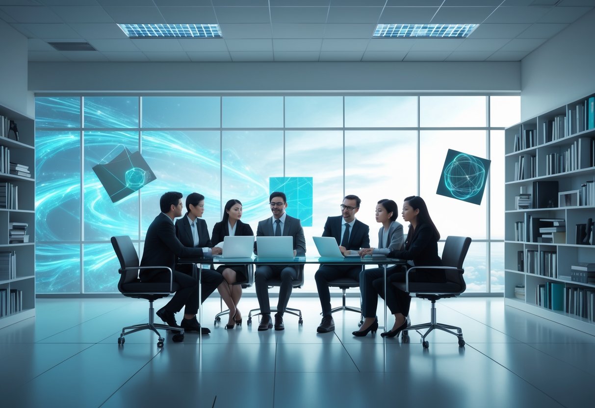 A group of young professionals discussing ideas around a glass table in a bright room with bookshelves and a large window showing a clear sky.