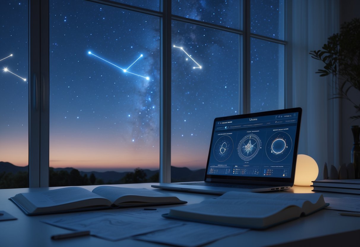 A home office with a desk, open notebooks, a laptop showing astrological charts, and a window revealing a starry night sky with the planet Uranus visible.