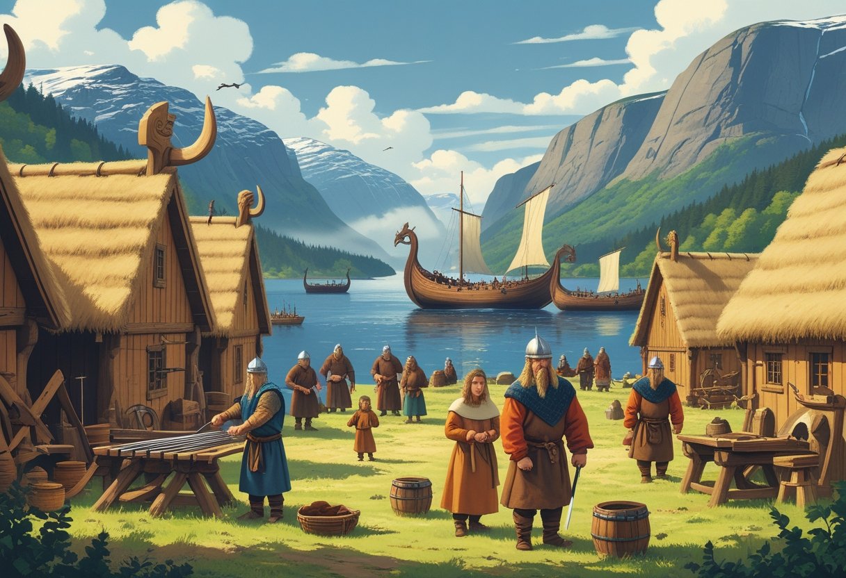 Viking villagers working and playing near wooden longhouses and docked ships in a mountainous fjord setting.