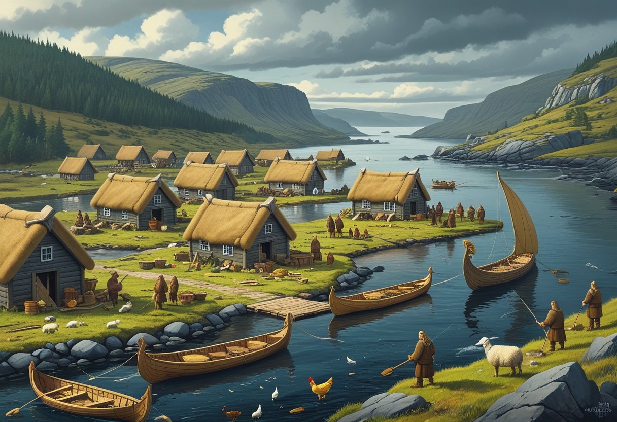 A Viking village by the sea with wooden longhouses, people fishing and crafting, livestock nearby, and a Viking longship docked at the shore.