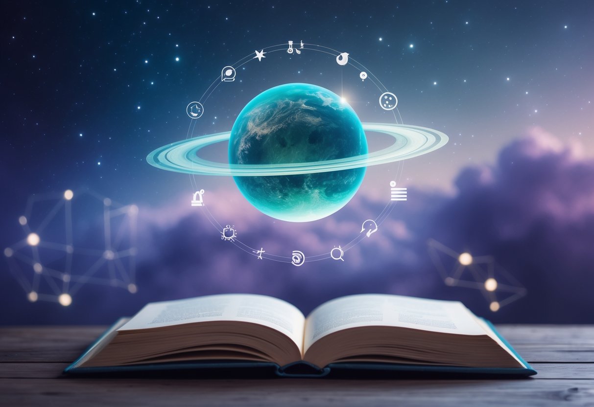 An open book on a wooden desk with a glowing blue-green planet hovering above it, surrounded by stars and abstract communication symbols.