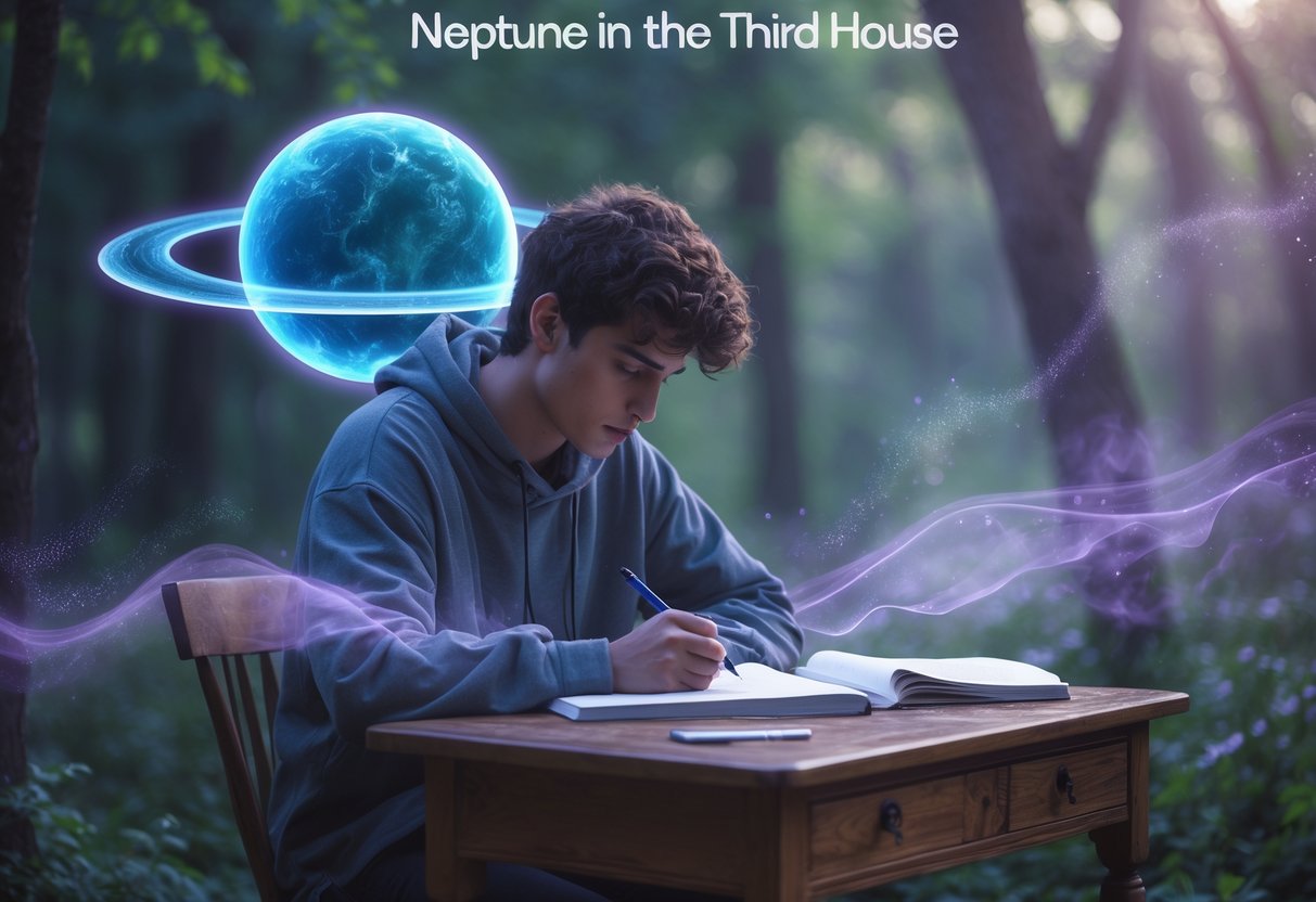 A person sitting outdoors at a wooden desk surrounded by greenery, writing in a notebook with a glowing blue planet and soft water-like light effects nearby.