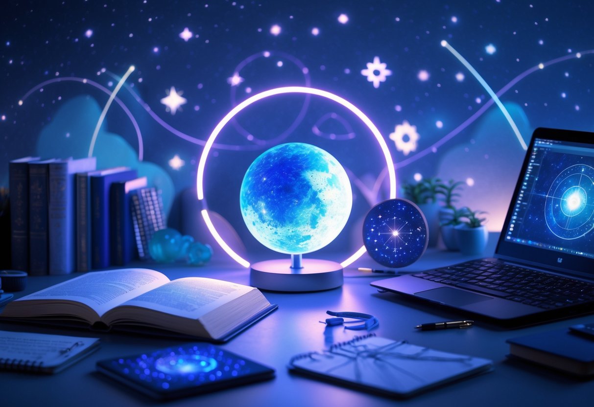 A desk with astrology books, a glowing Neptune model, notebooks, and a laptop showing star maps under soft blue and violet lighting.