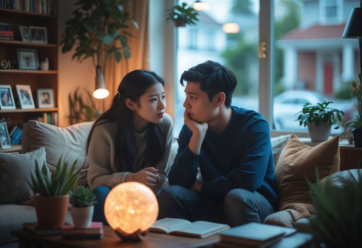 Two siblings having a serious conversation in a cozy living room filled with books, family photos, and plants, with a window showing a quiet neighborhood outside.