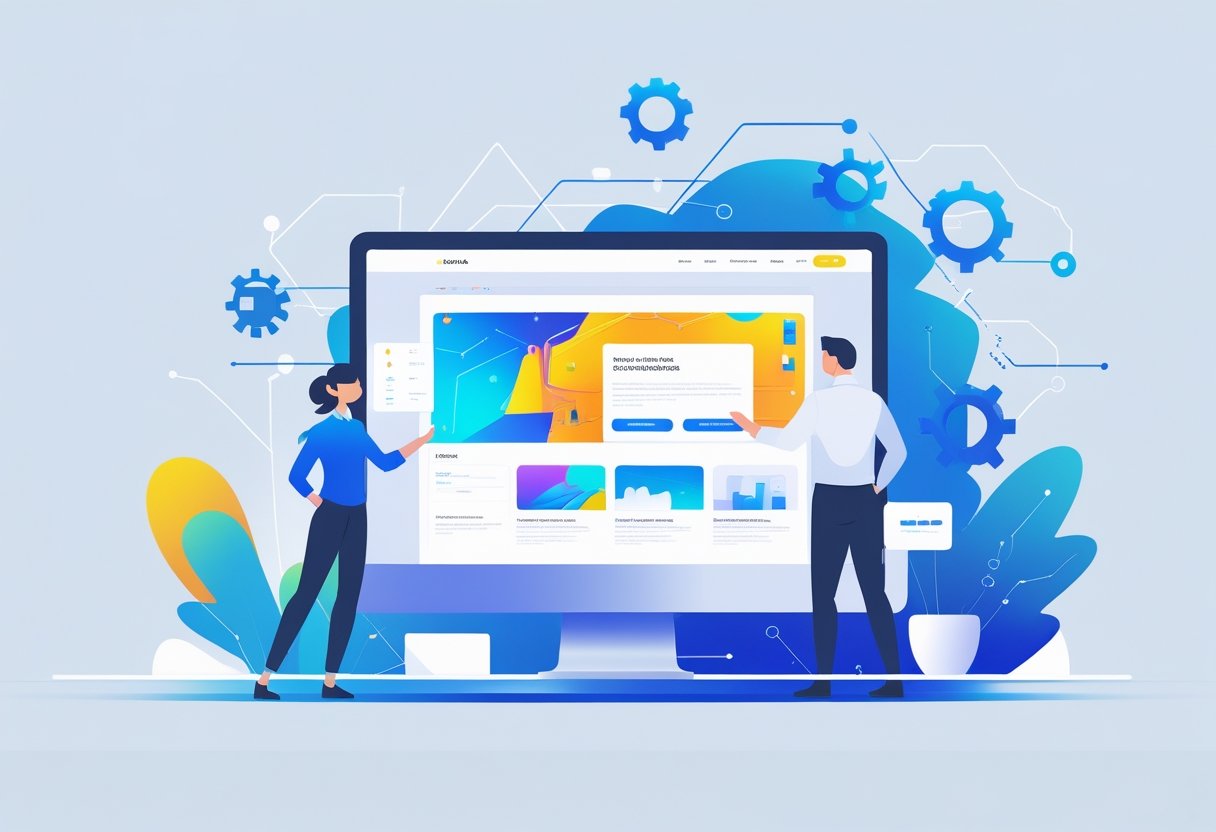 A person building a website on a computer with futuristic digital elements around, symbolising AI technology.