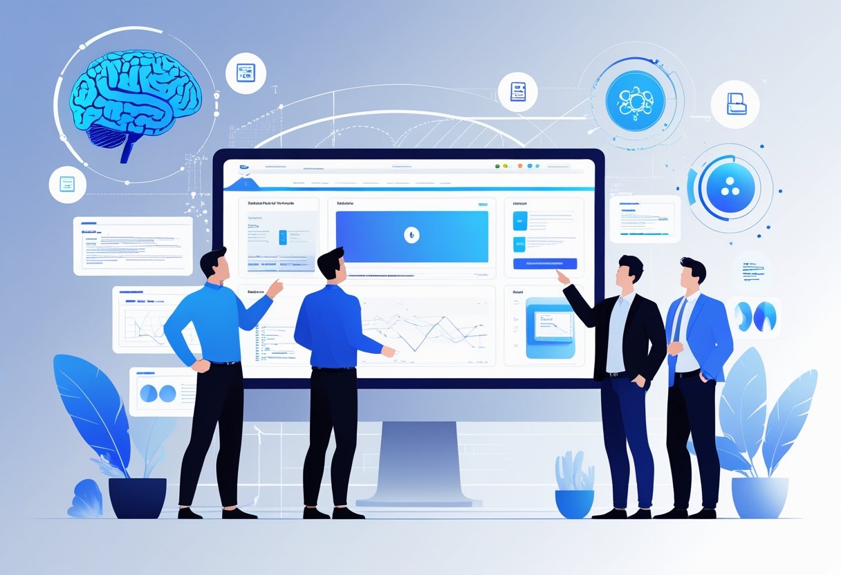 A group of professionals collaborating around a computer screen showing a website being built with AI technology icons floating nearby.