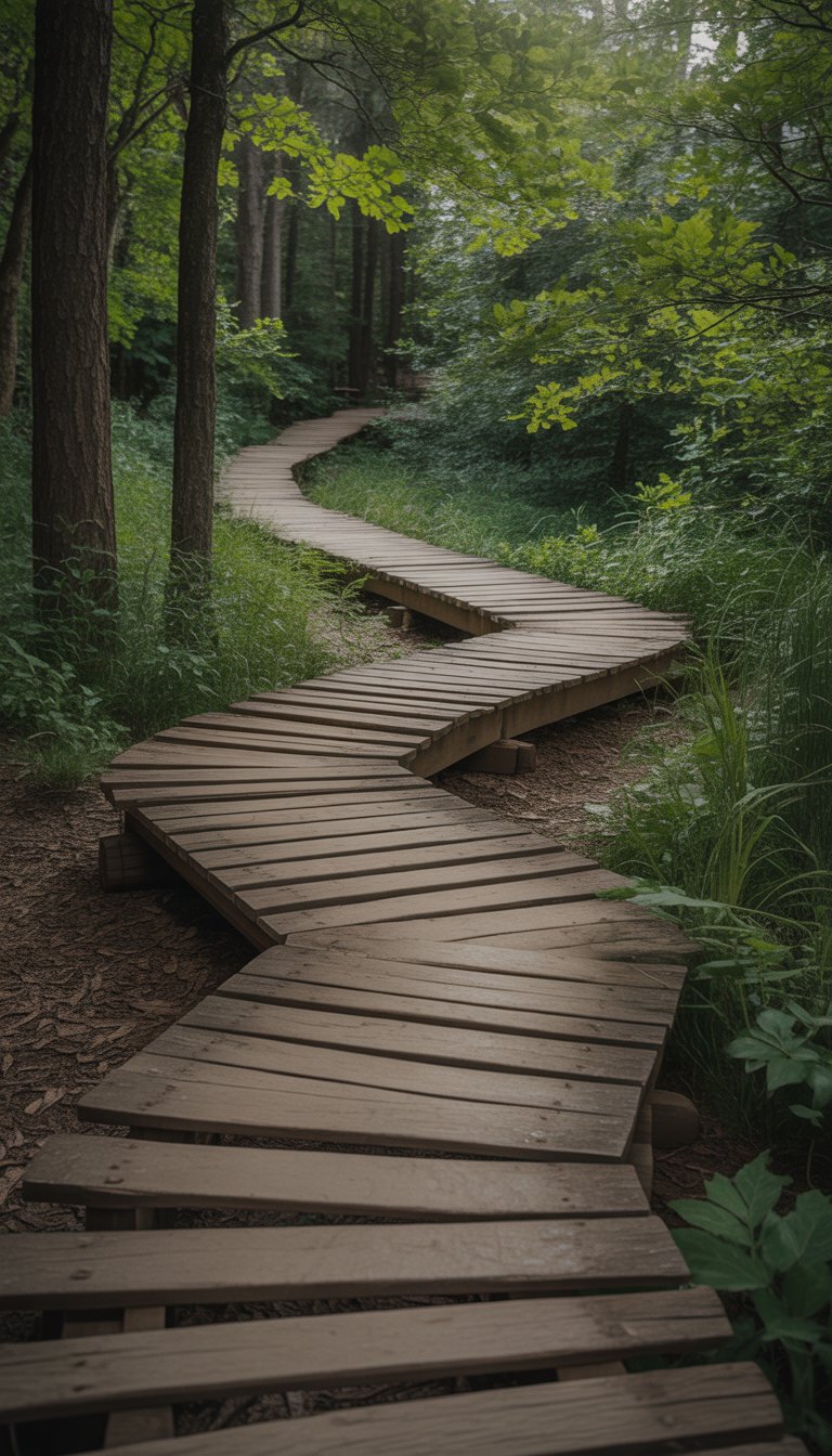 A wooden walkway winding through a green forest with tall trees and sunlight filtering through the leaves.