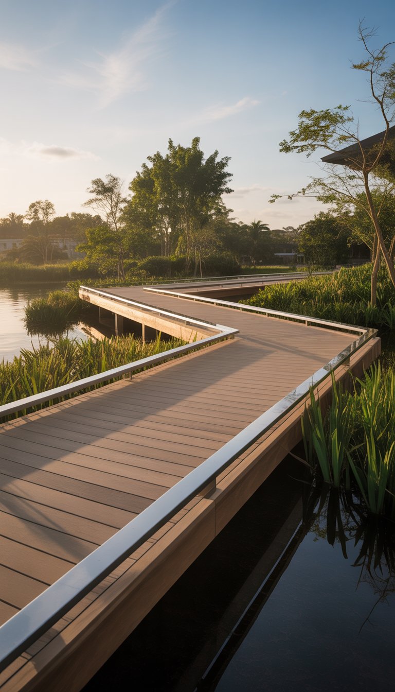 A wooden boardwalk extending over calm water surrounded by green plants under a clear sky.