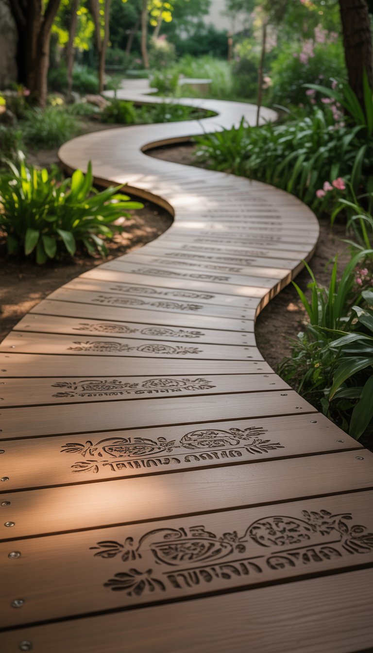 A wooden walkway with decorative stenciled patterns surrounded by green plants and trees.