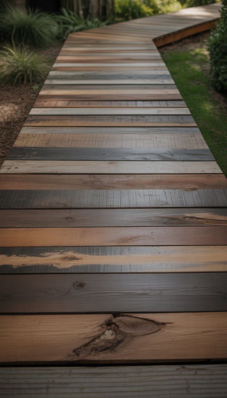 A wooden walkway made from reclaimed wood planks surrounded by greenery and natural light.