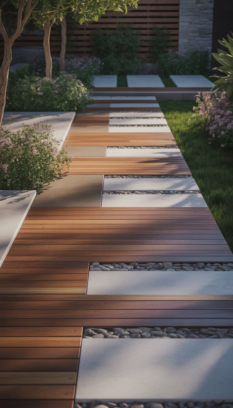 An outdoor walkway made of wooden planks combined with stone and concrete, surrounded by green plants and trees.