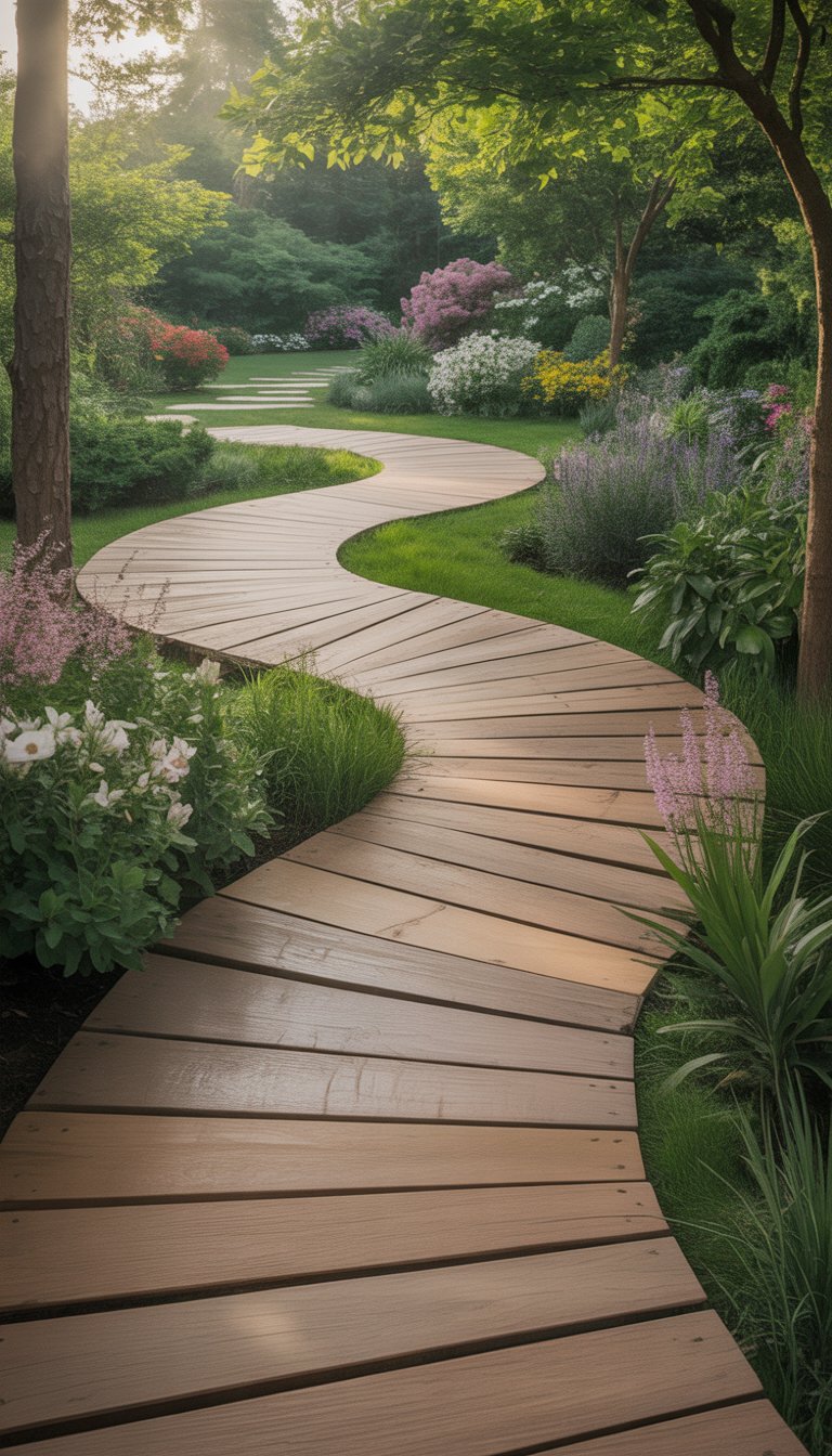 A wooden walkway winding through a green garden with flowering plants and trees.