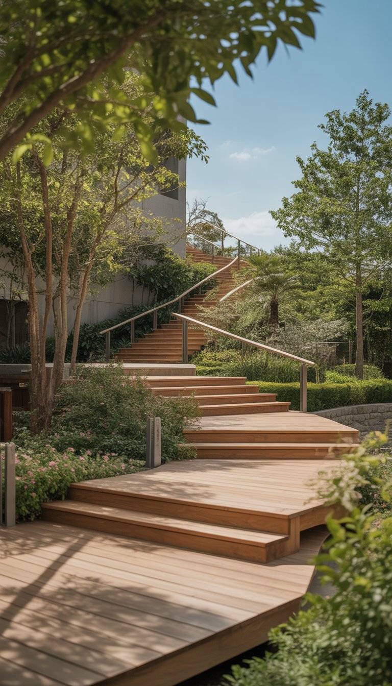 Multi-level wooden walkways with stairs surrounded by green trees and plants under a blue sky.