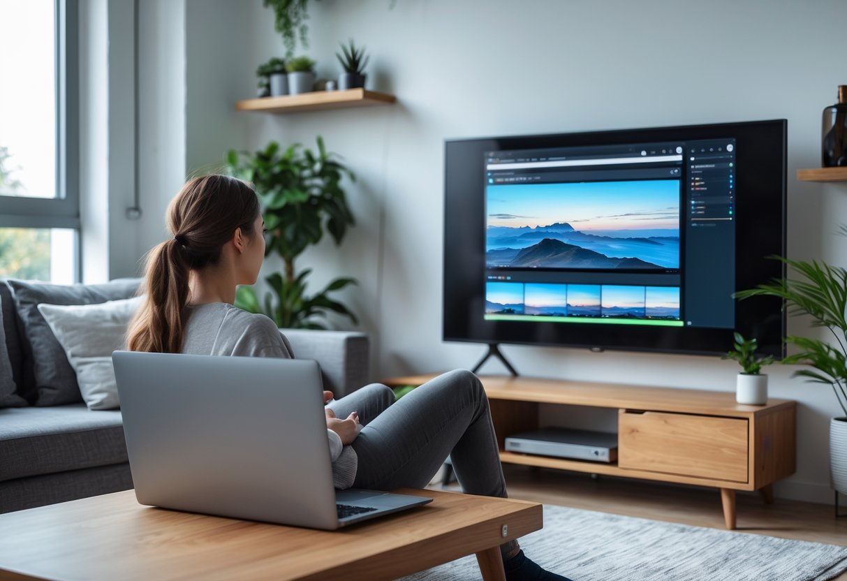 Person sitting on a sofa casting laptop screen onto a large TV in a modern living room.