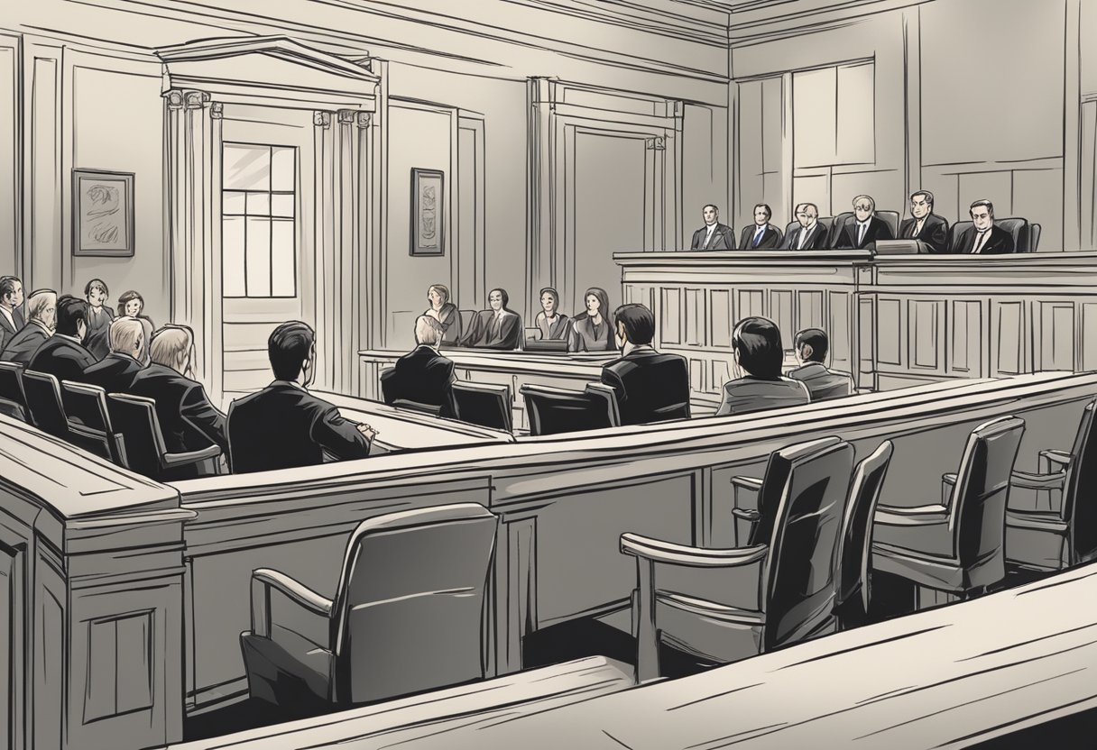 drawing of the inside of a courtroom with a divorce proceeding going on for article about how much does a divorce cost? 