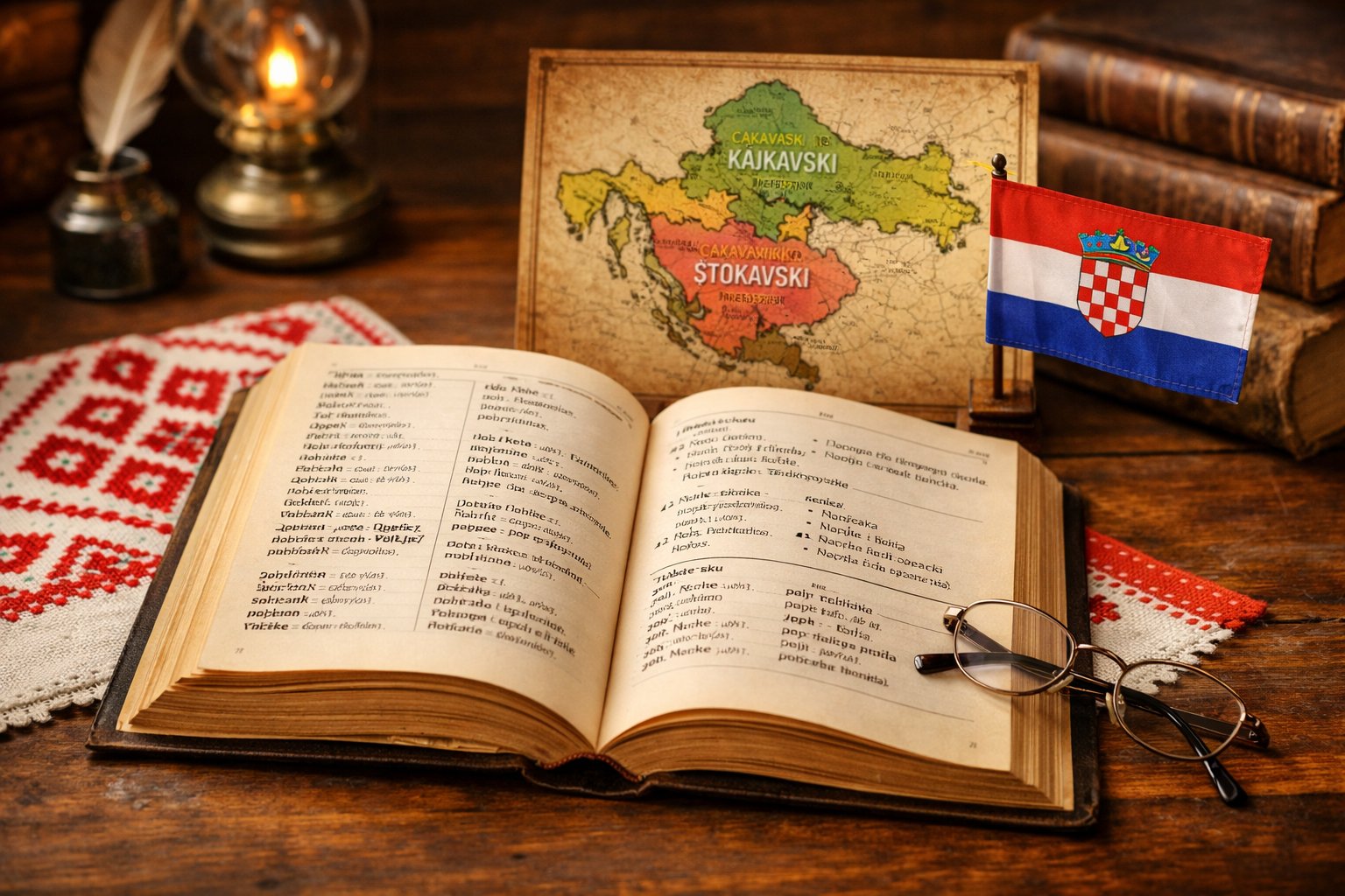 Otvorena knjiga na drvenom stolu okružena hrvatskim kulturnim predmetima i kartom dijalekata.