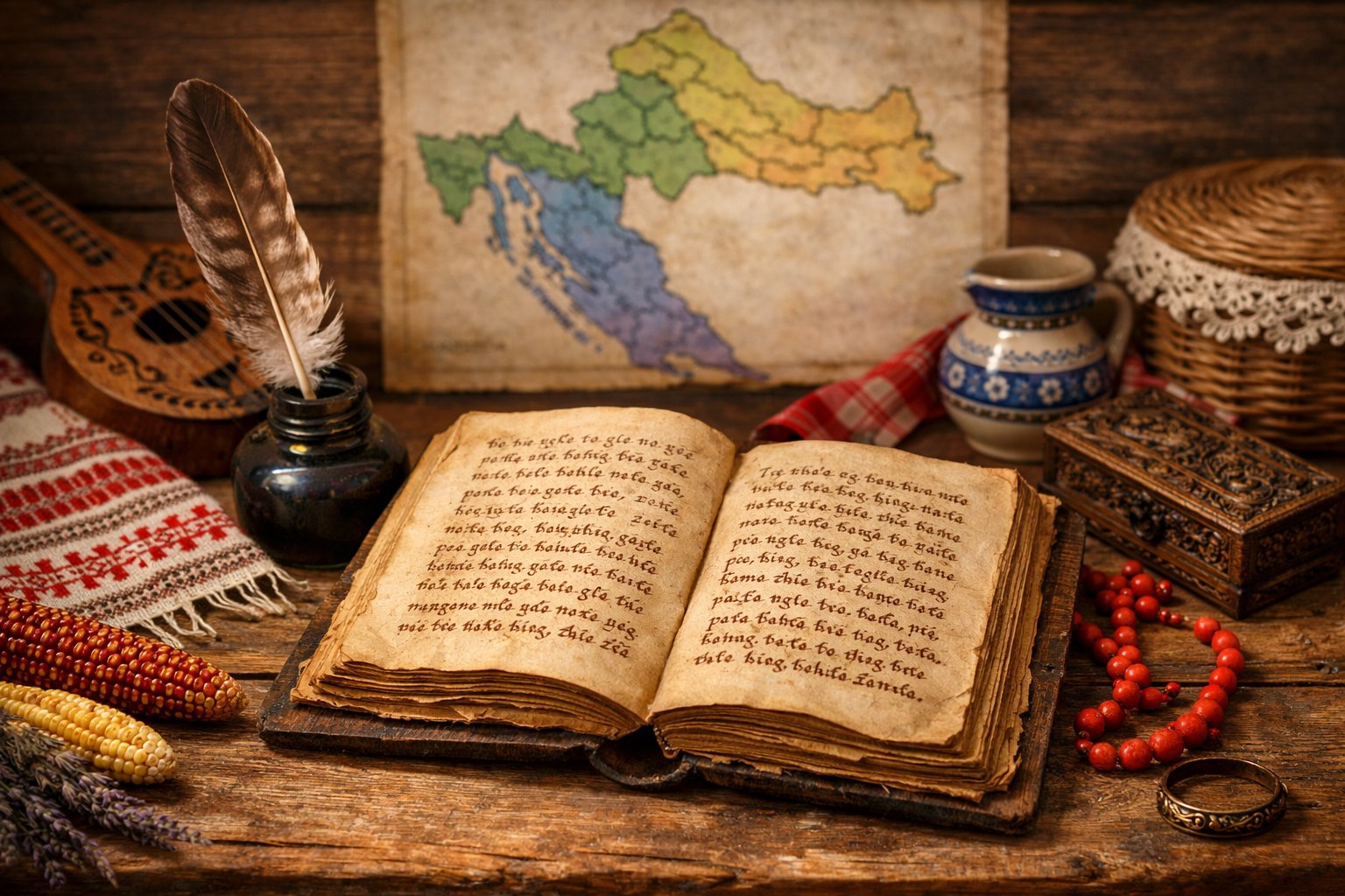 Otvorena knjiga na drvenom stolu s tradicionalnim hrvatskim motivima i kartom Hrvatske u pozadini.